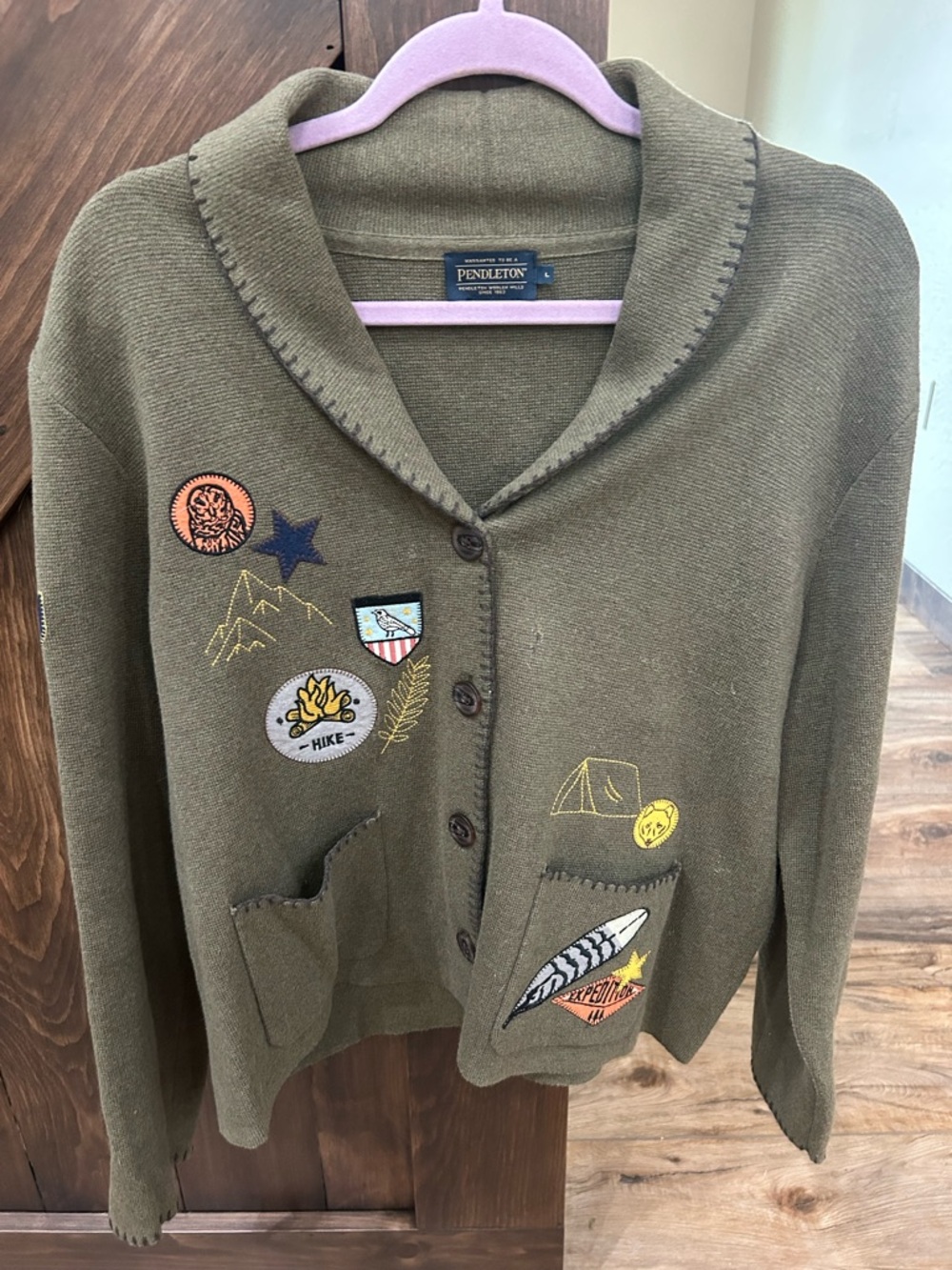 Pendleton Olive Green Patchwork Shawl-Collar Cardigan